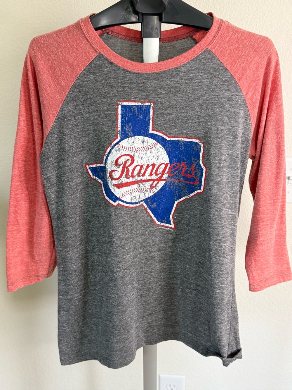 Rangers Raglan Baseball Tee - Gray with Coral Sleeves